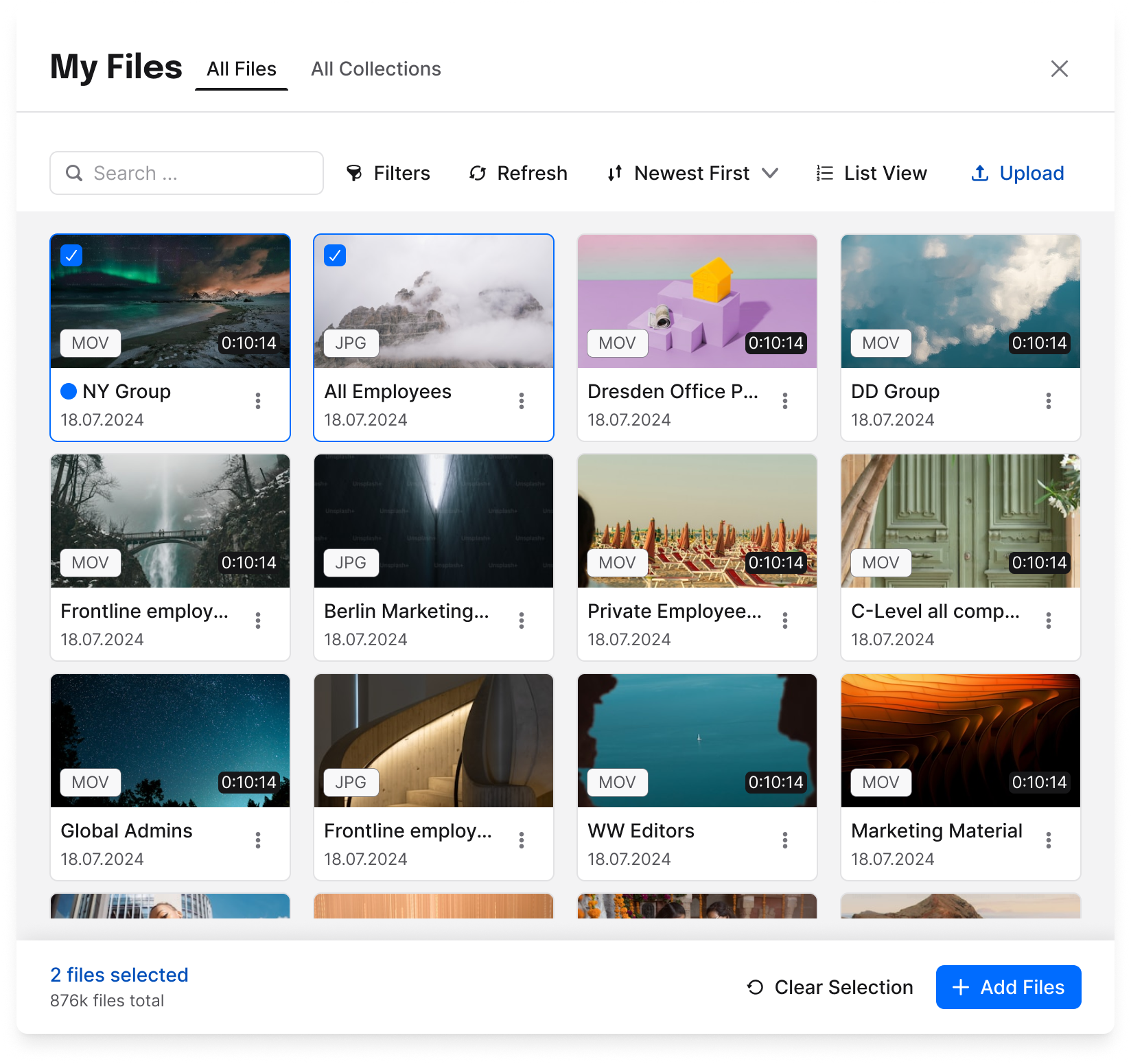 My Files editor modal on the All Files tab: media thumbnails with two files selected and an Add Files action.